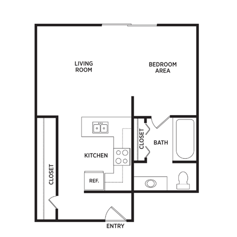 Floor plan for studio, 1 bath, 653 sqft